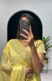 NEW SUPERHIT TRENDING YELLOW EMBROIDERED ZARI  SEQUINS WORK SAREE ON SUPREME CHINON FABRIC-TBC001YS