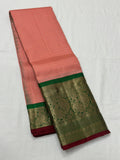 Urvashi, Pure Kanchipuram Silk Hand Woven 1G pure zari continuous Jari checks KORVAI border rich pallu with contrast blouse -SACHI001PG