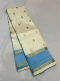 Pastel Blue and White full saree peacock and Rudraksha design Gold zari butties Kanjeevaram silk saree -SACHI001PBW