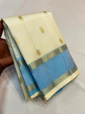 Pastel Blue and White full saree peacock and Rudraksha design Gold zari butties Kanjeevaram silk saree -SACHI001PBW