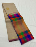 Damayanti , Pure Kanchipuram Silk Hand Woven 2G Pure Zari KORVAI temple multi checks hand weaving Jari Butta rich Pallu with contrast blouse-SMCACHI001