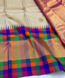 Damayanti , Pure Kanchipuram Silk Hand Woven 2G Pure Zari KORVAI temple multi checks hand weaving Jari Butta rich Pallu with contrast blouse-SMCACHI001