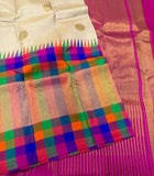 Damayanti , Pure Kanchipuram Silk Hand Woven 2G Pure Zari KORVAI temple multi checks hand weaving Jari Butta rich Pallu with contrast blouse-SMCACHI001