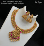 Arivuselvi , Matt Gold Finish Real Pink Jadau Stone Temple Necklace Set for Women -SHAKI001TJ