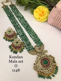 Aaryana , Elegant  Green Beads Haaram / Long Necklace Set with Kundan Pendant&nbsp; and Earrings for Women -JAYDU001LKN