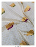 Kamalini , Lotus Hand Block Prints on Zari Check Woven Kerala Cotton Saree with Blouse-DEEP001LS
