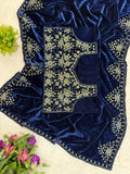 Janvi Kapoor Inspired Bollywood Replica Deep Blue Velvet Saree for Women -SAL001BVS