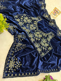 Janvi Kapoor Inspired Bollywood Replica Deep Blue Velvet Saree for Women -SAL001BVS