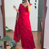 EXCLUSIVE 2 STYLES HAND WORKED, DRAPE SAREE ON FAUX GEORGETTE FABRIC WITH STITCHED BLOUSE-TANVI001RS