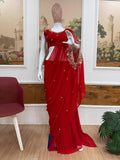 EXCLUSIVE 2 STYLES HAND WORKED, DRAPE SAREE ON FAUX GEORGETTE FABRIC WITH STITCHED BLOUSE-TANVI001RS