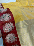 Jayabharathi , elegant Yellow and Red Combination Traditional Chanderi Silk Saree for women -SHABI001YR