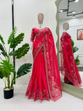 Red Rose , Lovely Red Tabby Silk Saree with Thread work and Sequins work -SOC001RS