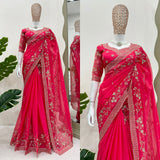 Red Rose , Lovely Red Tabby Silk Saree with Thread work and Sequins work -SOC001RS