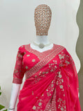 Red Rose , Lovely Red Tabby Silk Saree with Thread work and Sequins work -SOC001RS