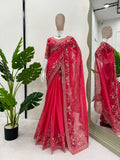Red Rose , Lovely Red Tabby Silk Saree with Thread work and Sequins work -SOC001RS