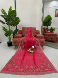Red Rose , Lovely Red Tabby Silk Saree with Thread work and Sequins work -SOC001RS