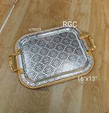 Combo of 3 ,German silver tray with latest etching work and premium silver finish with Golden Handles -AKSH001GTD
