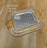 Combo of 3 ,German silver tray with latest etching work and premium silver finish with Golden Handles -AKSH001GTD