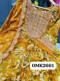 Helena , Yellow Three Piece Digital Designer Print Full Sleeve Pure Organza Full Flair Anarkali Kurti Set -AFREE001YK