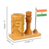 Wooden Handmade Pen stand with Indian rupee and national flag-ANUB001PS