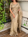 Golden Glass Organza 3D Digital Print Saree with Cutwork Borders -MADHURI001GO