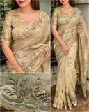 Golden Glass Organza 3D Digital Print Saree with Cutwork Borders -MADHURI001GO