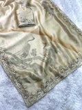 Golden Glass Organza 3D Digital Print Saree with Cutwork Borders -MADHURI001GO
