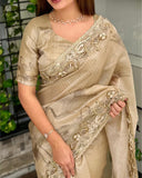 Golden Glass Organza 3D Digital Print Saree with Cutwork Borders -MADHURI001GO