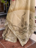 Golden Glass Organza 3D Digital Print Saree with Cutwork Borders -MADHURI001GO
