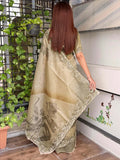 Golden Glass Organza 3D Digital Print Saree with Cutwork Borders -MADHURI001GO