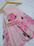 Bougainvillea Beauty ,  Moonga saree beautifully adorned with delicate hand-painted floral motifs in soft pink hues-DIYA001BV