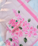 Bougainvillea Beauty ,  Moonga saree beautifully adorned with delicate hand-painted floral motifs in soft pink hues-DIYA001BV
