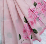 Bougainvillea Beauty ,  Moonga saree beautifully adorned with delicate hand-painted floral motifs in soft pink hues-DIYA001BV