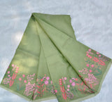 Elegant pista green moonga Kota saree featuring delicate floral embroidery along the borders in soft pink and green hues-DIYA001MC