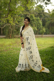 Black and White Cotton Embroidered  Kerala Saree for women -KERAL001KS