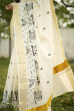 Black and White Cotton Embroidered  Kerala Saree for women -KERAL001KS