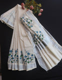 Lotus Printed Stripes Woven Kerala Cotton Saree with Blouse -DIYA001KS