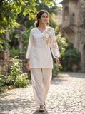 Pure cotton allover self weaving designer cordset with fancy thread embroidery neck and sleeves with matching pant-FOF001CSF