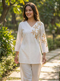 Pure cotton allover self weaving designer cordset with fancy thread embroidery neck and sleeves with matching pant-FOF001CSF