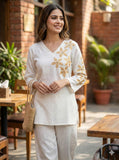 Pure cotton allover self weaving designer cordset with fancy thread embroidery neck and sleeves with matching pant-FOF001CSF