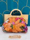 Osheen , Orange shade Sequin Embroidered Wooden Handles Floral Handbag for Wedding /Party-RITUA001WCB
