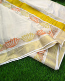 Lotus , Cutwork on Kerala Cotton Saree with Blouse - DIYA001CWS