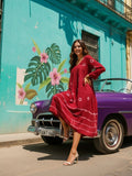 Womens Maroon Tie and Dye woven maxi A-Line dress , has a V- Neck, 3/4th sleeves , Flared hem-FOD001TD