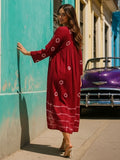 Womens Maroon Tie and Dye woven maxi A-Line dress , has a V- Neck, 3/4th sleeves , Flared hem-FOD001TD