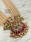 Gayatri , Gold Jewelry Finish Jadau Kundan Long 5 Strands Pearl Necklace Set  with Back Srew Earrings for women -TREND001JK