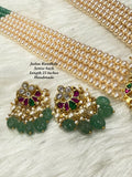 Gayatri , Gold Jewelry Finish Jadau Kundan Long 5 Strands Pearl Necklace Set  with Back Srew Earrings for women -TREND001JK