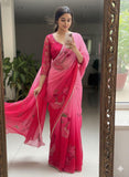Madhubala , Pink Georgette Silk Saree with Designer Hand work and Moti Lace Border-SYL001PS