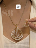 Sanya , Beautiful Real Dimond look pendent set with 18 inch chain with earrings in gold polish premium quality amazing finishing -SANDY001PS
