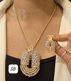 Jasmine , Designer Big size Pendent set with 18 inch chain and stud with back clip in gold polish -SANDY001PCA