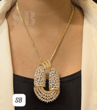Jasmine , Designer Big size Pendent set with 18 inch chain and stud with back clip in gold polish -SANDY001PCA